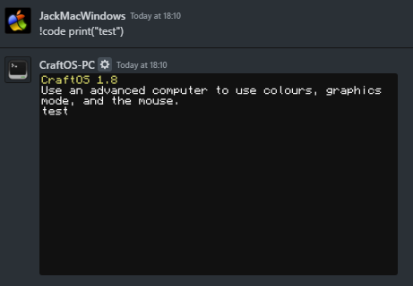 The CraftOS-PC bot in action, running some code.